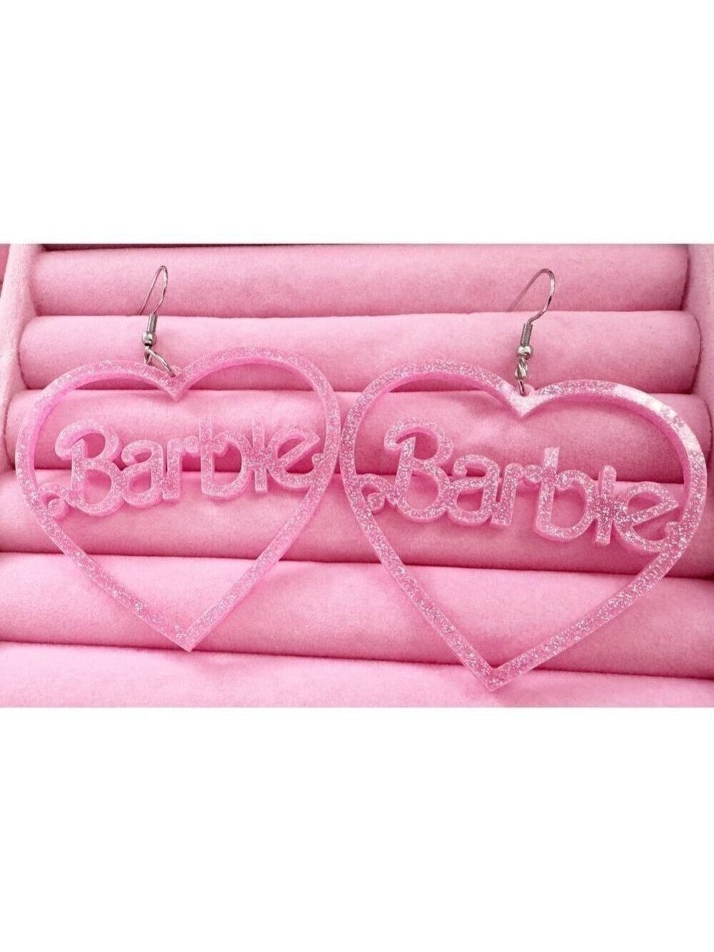 Barbie‎ Glitter Pink Heart Drop Dangle Earrings